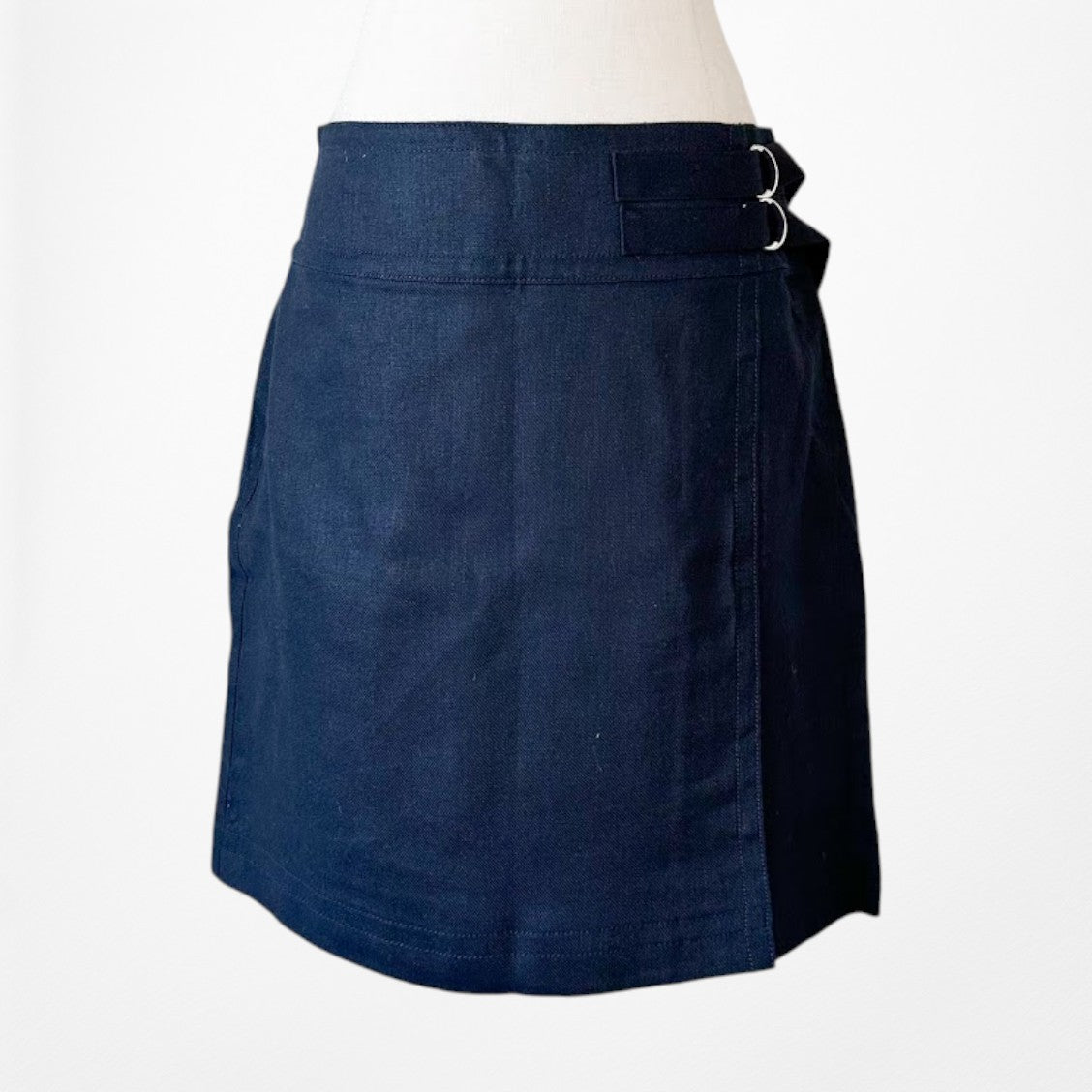 Vintage Y2K Navy Blue Denim Look Buckle Detail Knee Length A-Line Skirt Size M