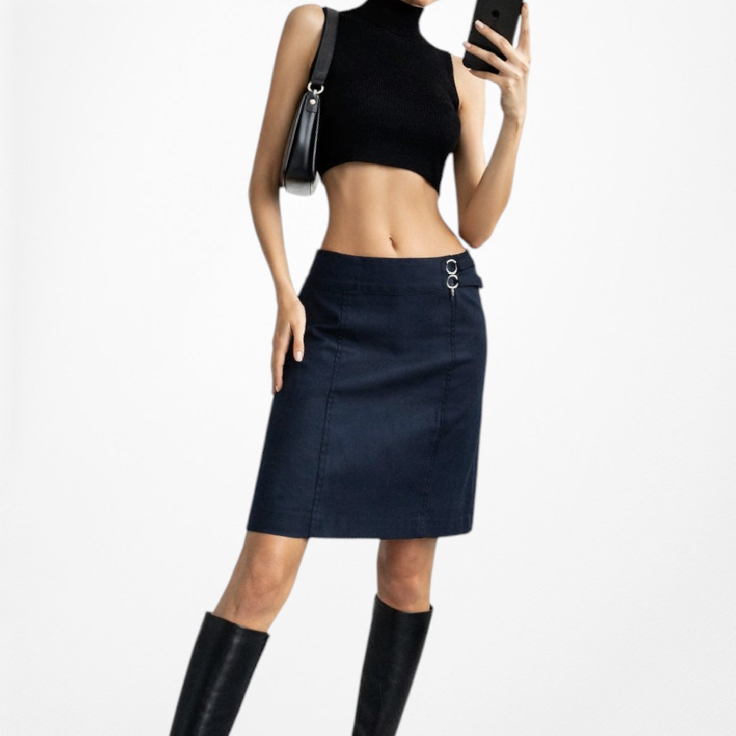 Vintage Y2K Navy Blue Denim Look Buckle Detail Knee Length A-Line Skirt Size M