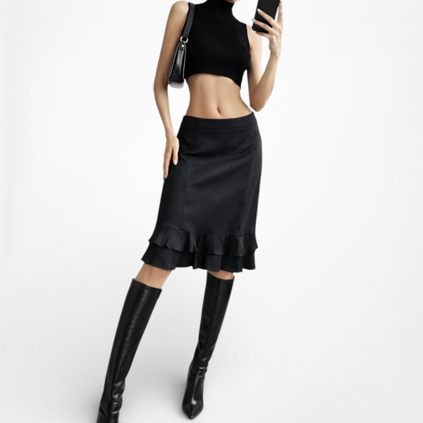 Vintage Y2K Black Knee Length Ruffle Pencil Straight Bodycon Skirt Size S/M