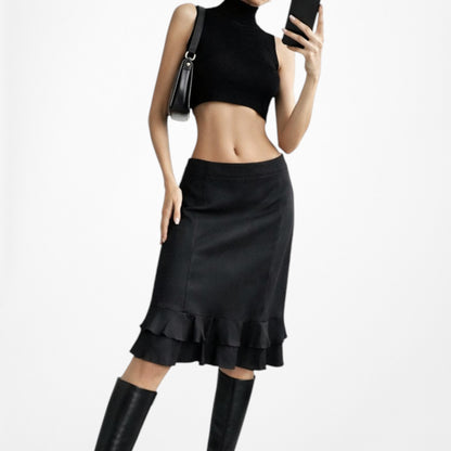 Vintage Y2K Black Knee Length Ruffle Pencil Straight Bodycon Skirt Size S/M