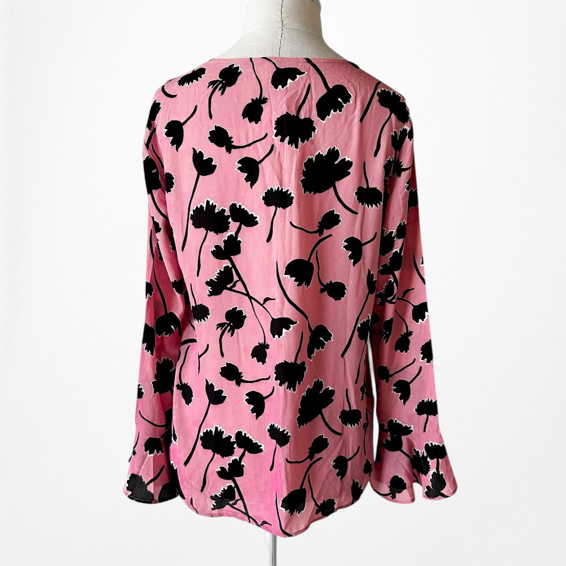 Vintage Y2K Pink Black Ruffle Long Bell Flared Sleeve Floral Print Blouse XS/S