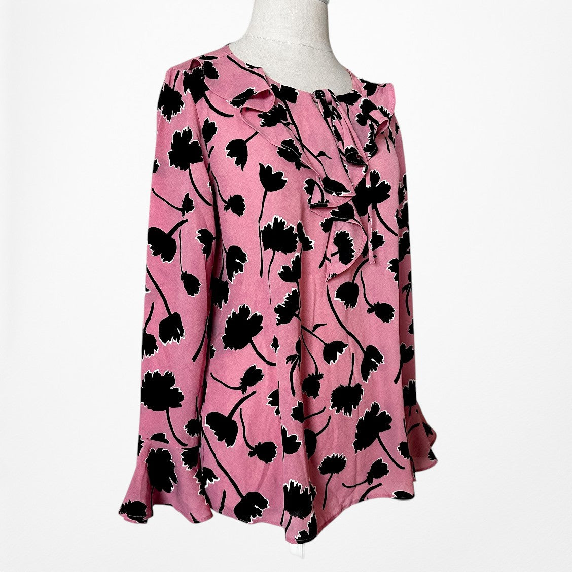 Vintage Y2K Pink Black Ruffle Long Bell Flared Sleeve Floral Print Blouse XS/S