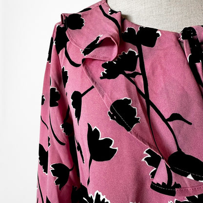 Vintage Y2K Pink Black Ruffle Long Bell Flared Sleeve Floral Print Blouse XS/S