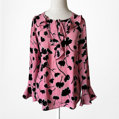 Vintage Y2K Pink Black Ruffle Long Bell Flared Sleeve Floral Print Blouse XS/S