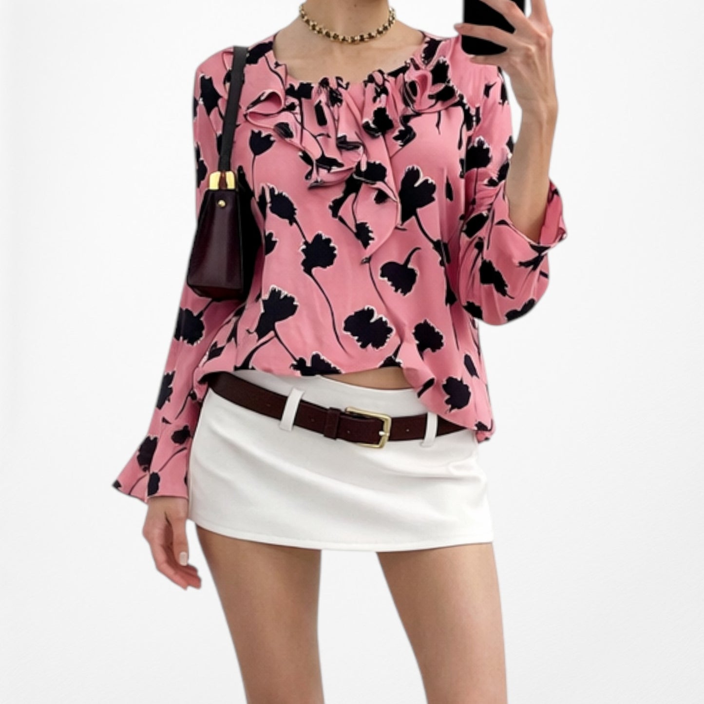 Vintage Y2K Pink Black Ruffle Long Bell Flared Sleeve Floral Print Blouse XS/S