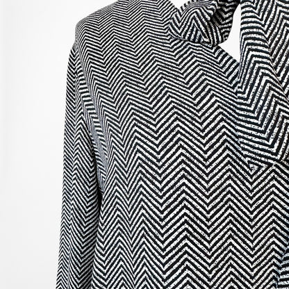 Vintage Y2K Black White Herringbone Neck Tie Keyhole Chiffon Blouse Size XS/S