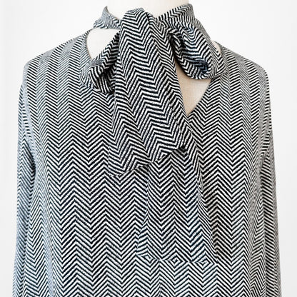 Vintage Y2K Black White Herringbone Neck Tie Keyhole Chiffon Blouse Size XS/S