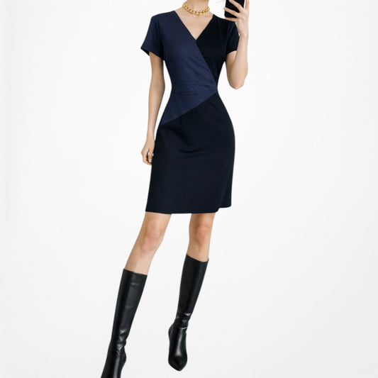 Vintage Y2K Blue Black Colorblock Knit Knee Length Short Sleeve Dress Size M