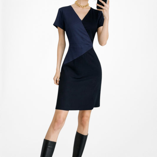 Vintage Y2K Blue Black Colorblock Knit Knee Length Short Sleeve Dress Size M