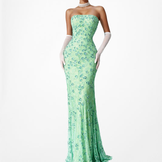 Vintage Y2K Green Strapless Floral Beaded Mesh Bodycon Maxi Prom Dress Size M