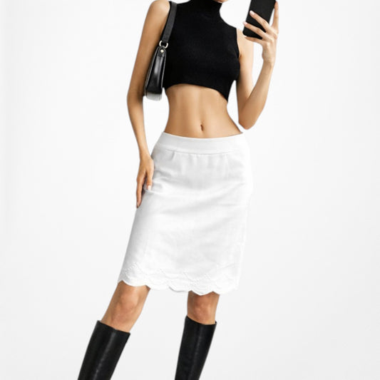 Vintage Y2K White Straight Pencil Knee Length Scalloped Hem Skirt Size S/M