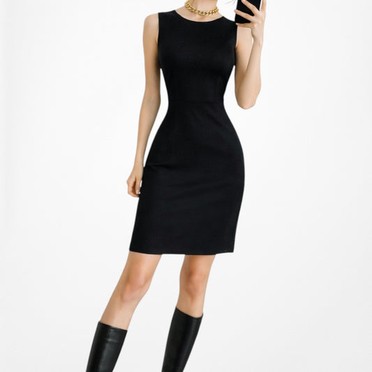 Vintage Y2K Black Sleeveless Knee Length Bodycon Fitted Cocktail Dress Size M