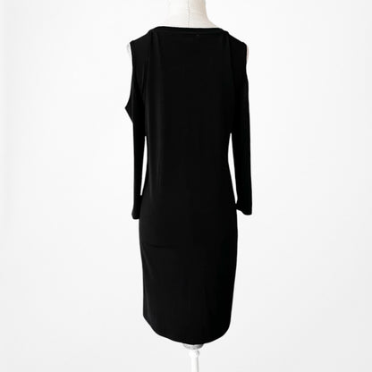 Vintage Y2K Black Knit Knee Length Bodycon Quarter Sleeve Cold Shoulder Dress M