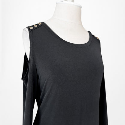 Vintage Y2K Black Knit Knee Length Bodycon Quarter Sleeve Cold Shoulder Dress M