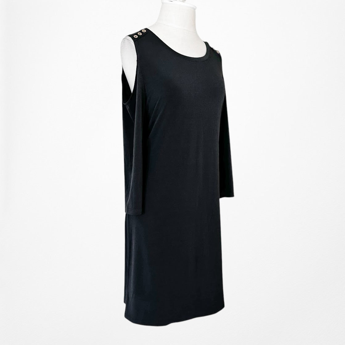 Vintage Y2K Black Knit Knee Length Bodycon Quarter Sleeve Cold Shoulder Dress M