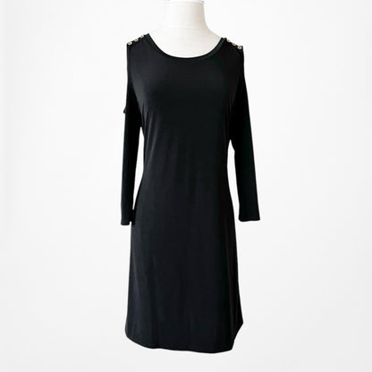 Vintage Y2K Black Knit Knee Length Bodycon Quarter Sleeve Cold Shoulder Dress M