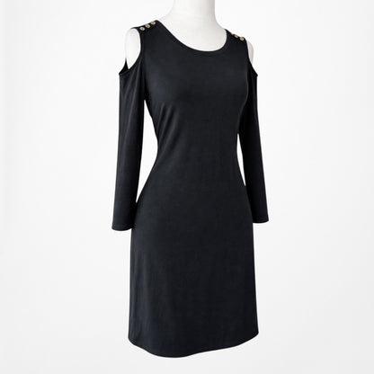 Vintage Y2K Black Knit Knee Length Bodycon Quarter Sleeve Cold Shoulder Dress M