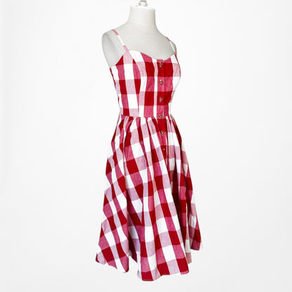 Vintage Y2K Red White Checkered Gingham Flared A-Line Knee Length Dress Size M