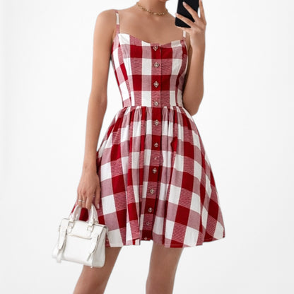 Vintage Y2K Red White Checkered Gingham Flared A-Line Knee Length Dress Size M