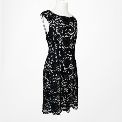 Vintage Y2K Black Lace Capped Sleeve Knee Length Flared Cocktail Dress Size M