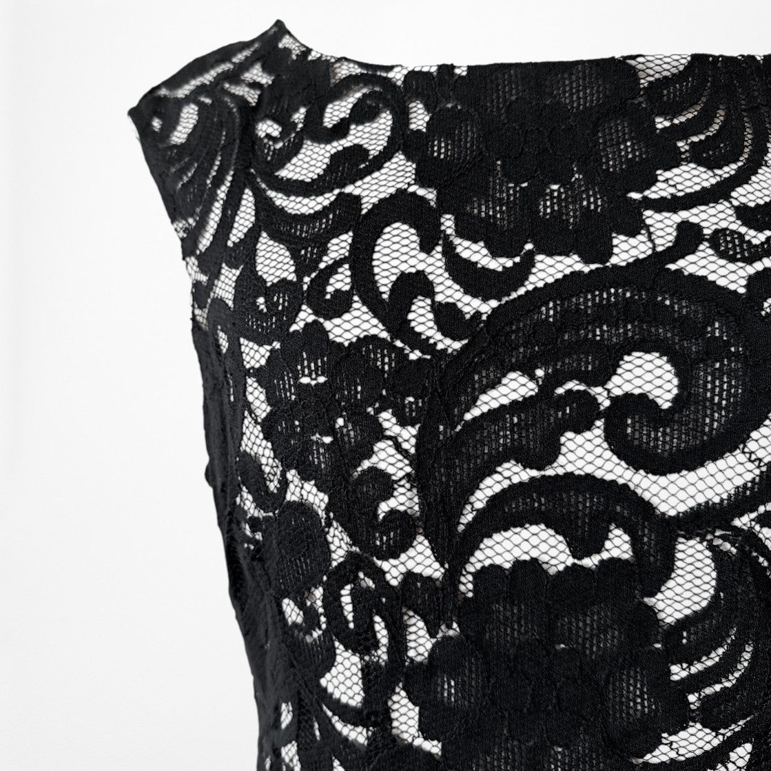 Vintage Y2K Black Lace Capped Sleeve Knee Length Flared Cocktail Dress Size M