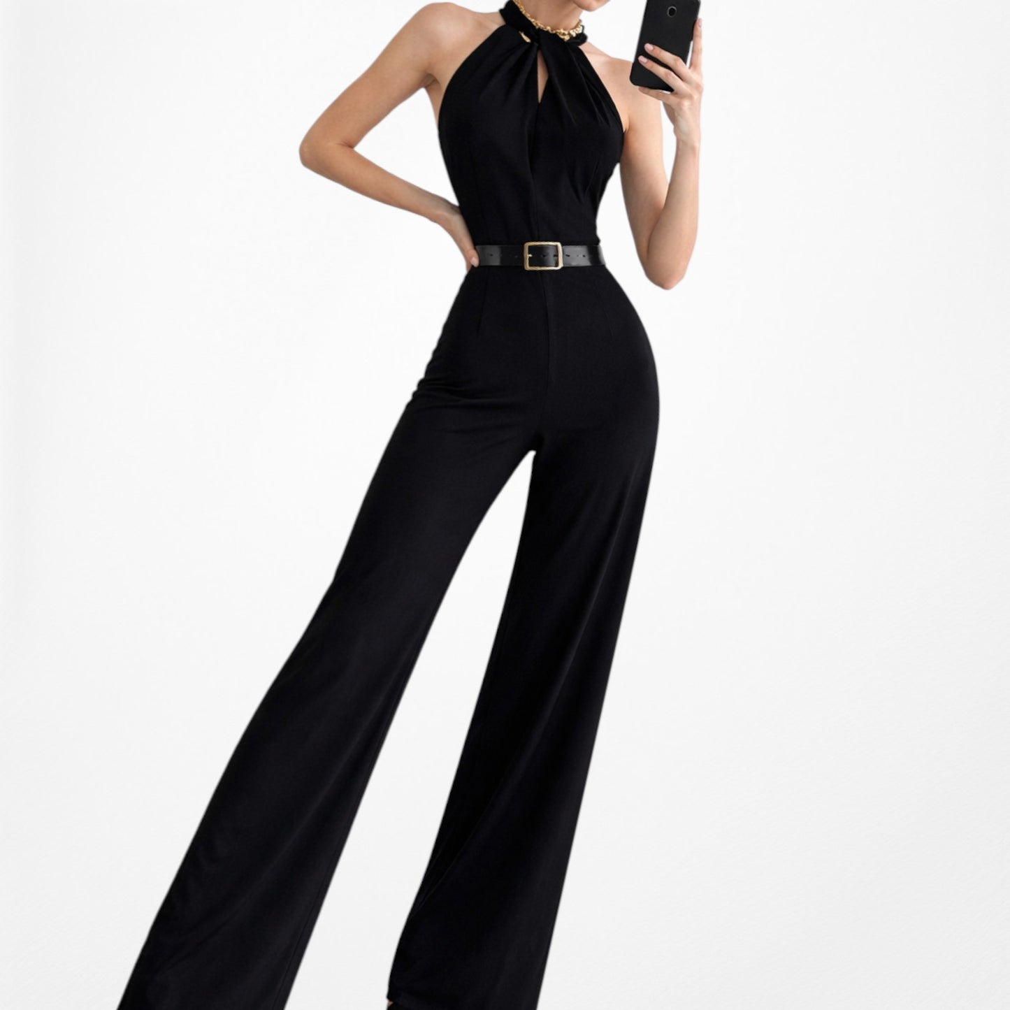 Vintage Y2K Black Sleeveless Halter Wide Leg Jumpsuit Size M