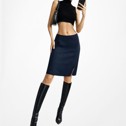 Vintage Y2K Navy Blue Knee Length Straight Pencil Bodycon Skirt W/ Slit Size S/M