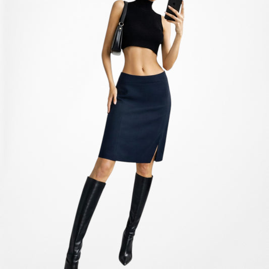 Vintage Y2K Navy Blue Knee Length Straight Pencil Bodycon Skirt W/ Slit Size S/M