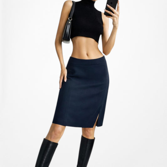 Vintage Y2K Navy Blue Knee Length Straight Pencil Bodycon Skirt W/ Slit Size S/M
