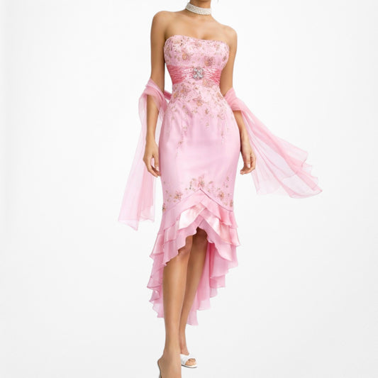 Vintage Y2K Pink Strapless Floral Beaded High Low Ruffle Midi Prom Dress Size S