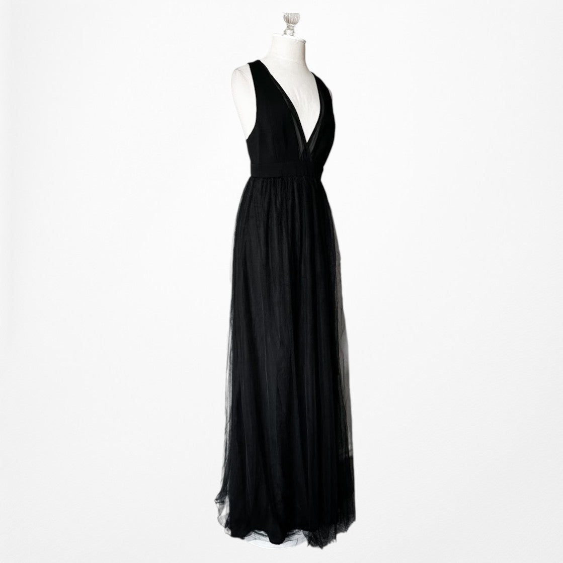 Vintage Y2K Black Sleeveless V-Neck Tulle A-Line Maxi Cocktail Dress Size S