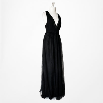 Vintage Y2K Black Sleeveless V-Neck Tulle A-Line Maxi Cocktail Dress Size S