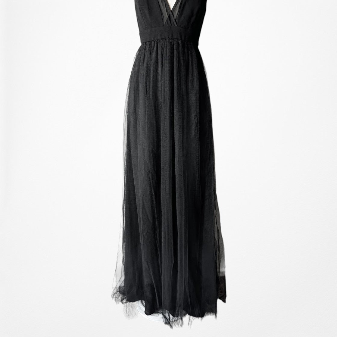 Vintage Y2K Black Sleeveless V-Neck Tulle A-Line Maxi Cocktail Dress Size S