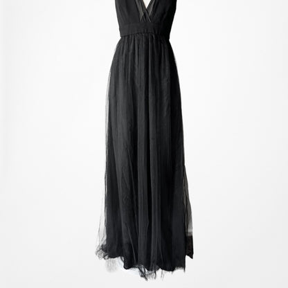Vintage Y2K Black Sleeveless V-Neck Tulle A-Line Maxi Cocktail Dress Size S