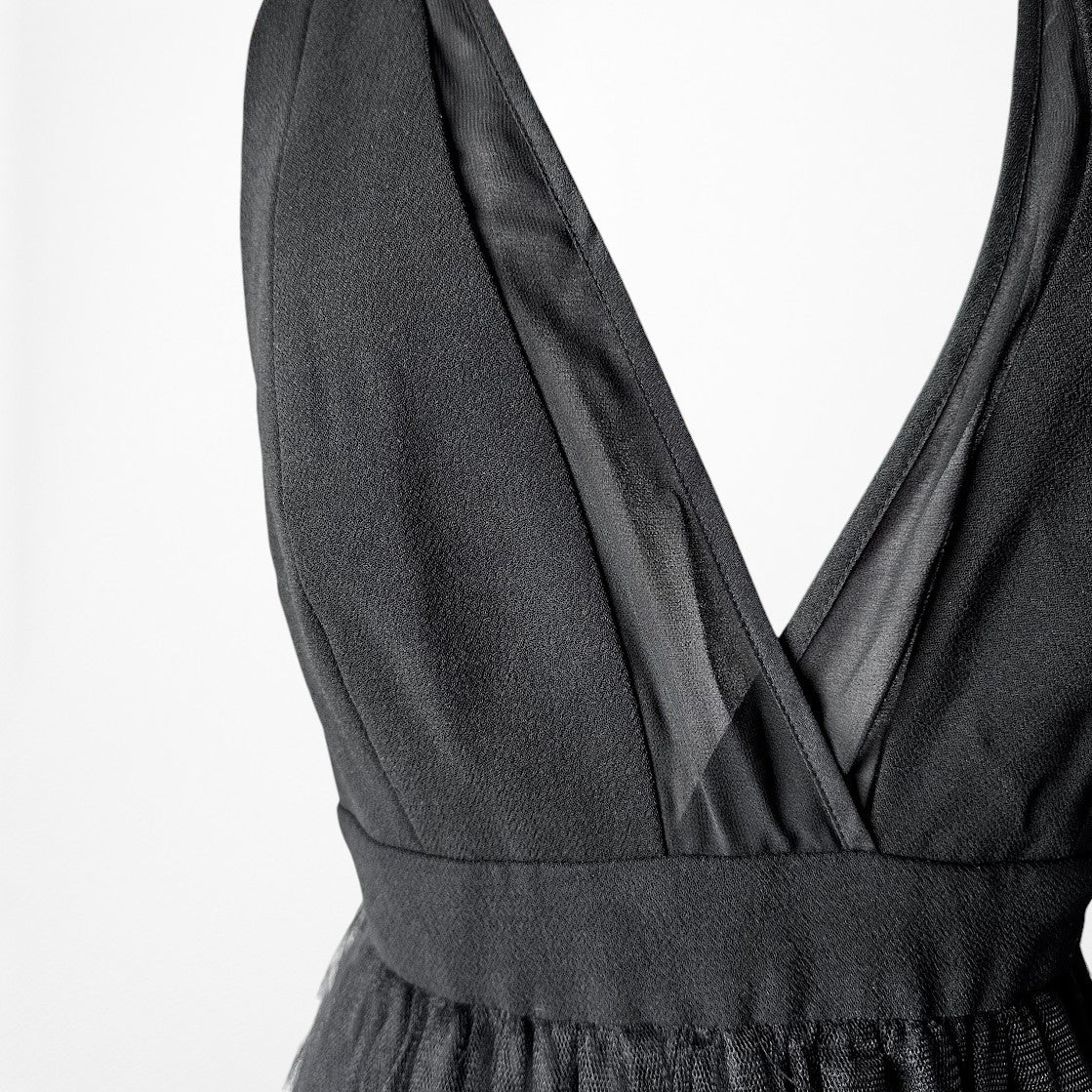 Vintage Y2K Black Sleeveless V-Neck Tulle A-Line Maxi Cocktail Dress Size S