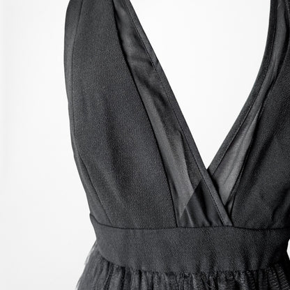 Vintage Y2K Black Sleeveless V-Neck Tulle A-Line Maxi Cocktail Dress Size S