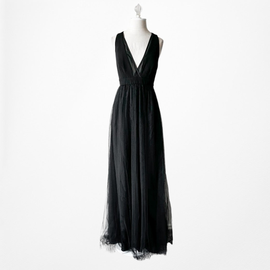 Vintage Y2K Black Sleeveless V-Neck Tulle A-Line Maxi Cocktail Dress Size S