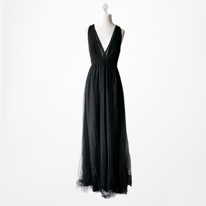 Vintage Y2K Black Sleeveless V-Neck Tulle A-Line Maxi Cocktail Dress Size S