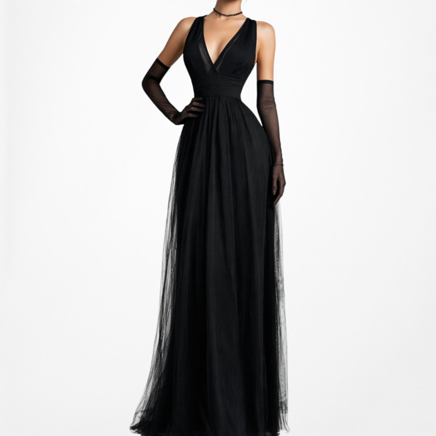 Vintage Y2K Black Sleeveless V-Neck Tulle A-Line Maxi Cocktail Dress Size S