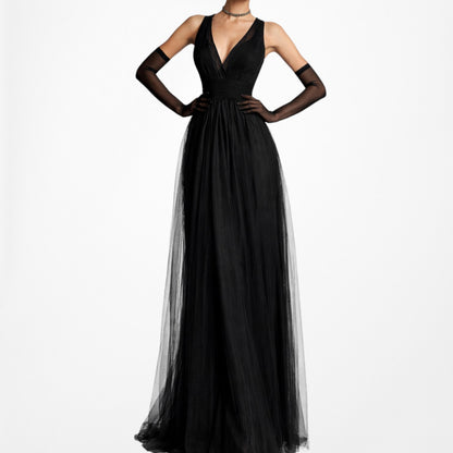 Vintage Y2K Black Sleeveless V-Neck Tulle A-Line Maxi Cocktail Dress Size S