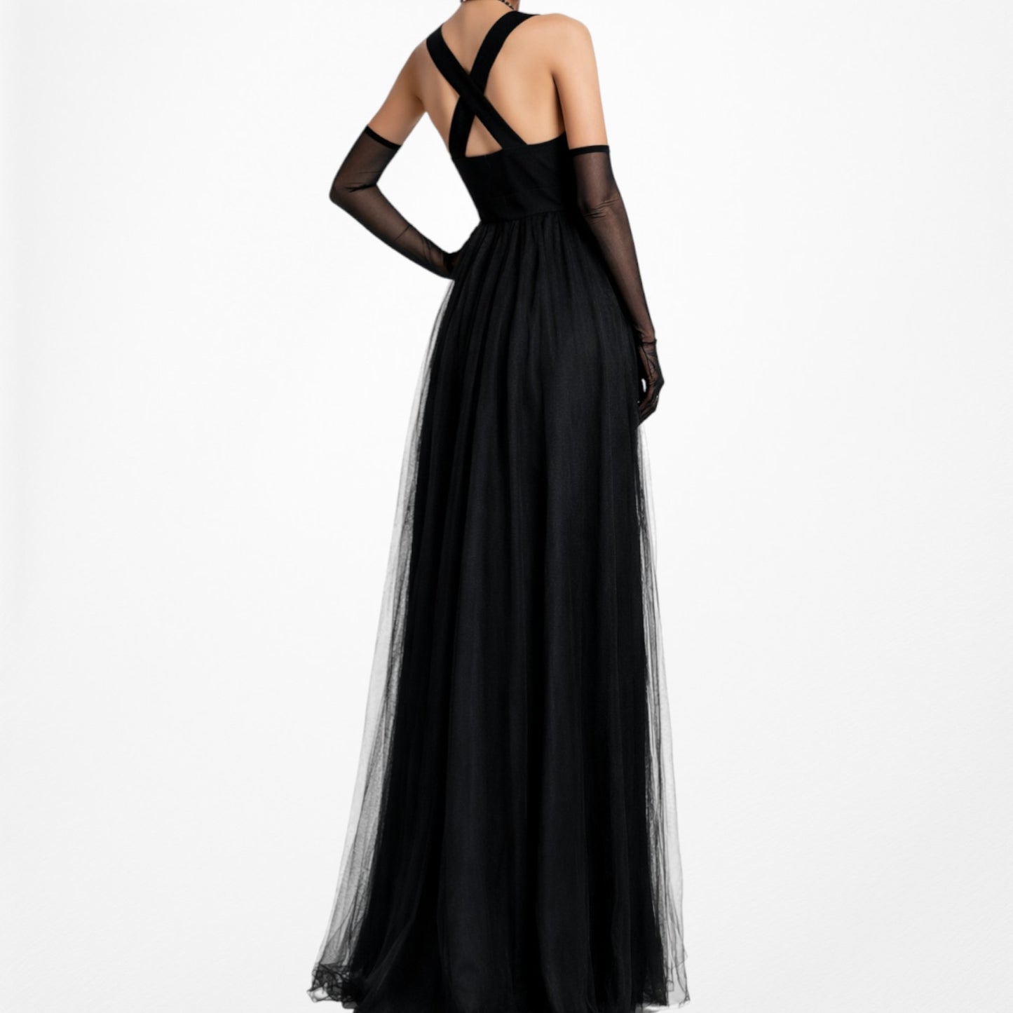 Vintage Y2K Black Sleeveless V-Neck Tulle A-Line Maxi Cocktail Dress Size S
