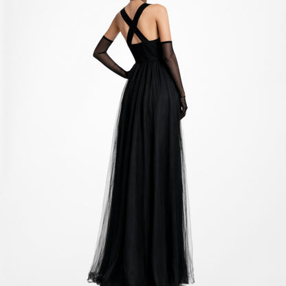 Vintage Y2K Black Sleeveless V-Neck Tulle A-Line Maxi Cocktail Dress Size S