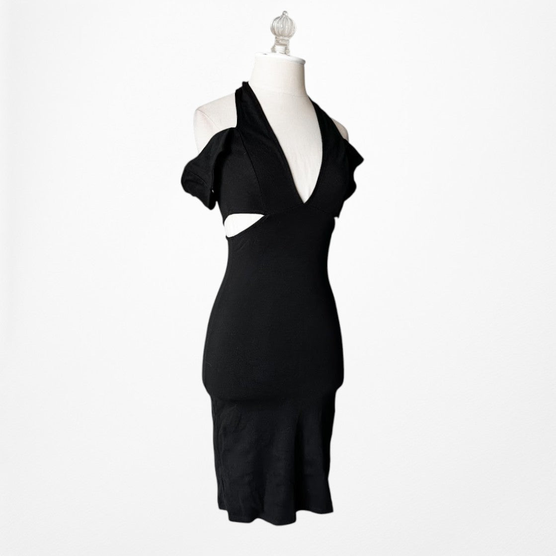 Vintage Y2K Black Knit Cutout Bodycon Knee Length Cocktail Dress Size XS/S