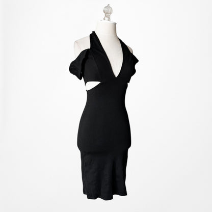 Vintage Y2K Black Knit Cutout Bodycon Knee Length Cocktail Dress Size XS/S