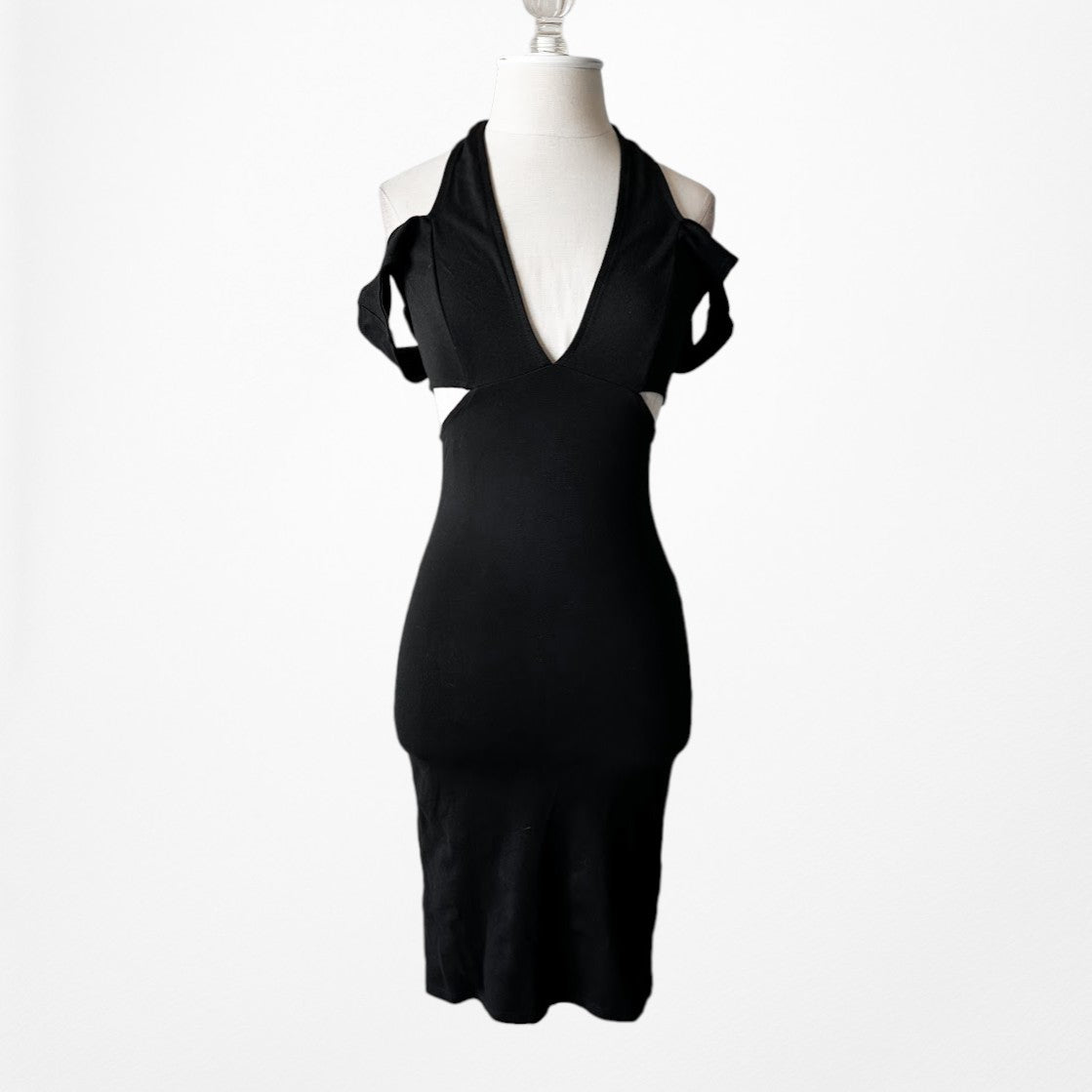 Vintage Y2K Black Knit Cutout Bodycon Knee Length Cocktail Dress Size XS/S