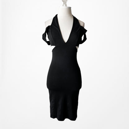 Vintage Y2K Black Knit Cutout Bodycon Knee Length Cocktail Dress Size XS/S