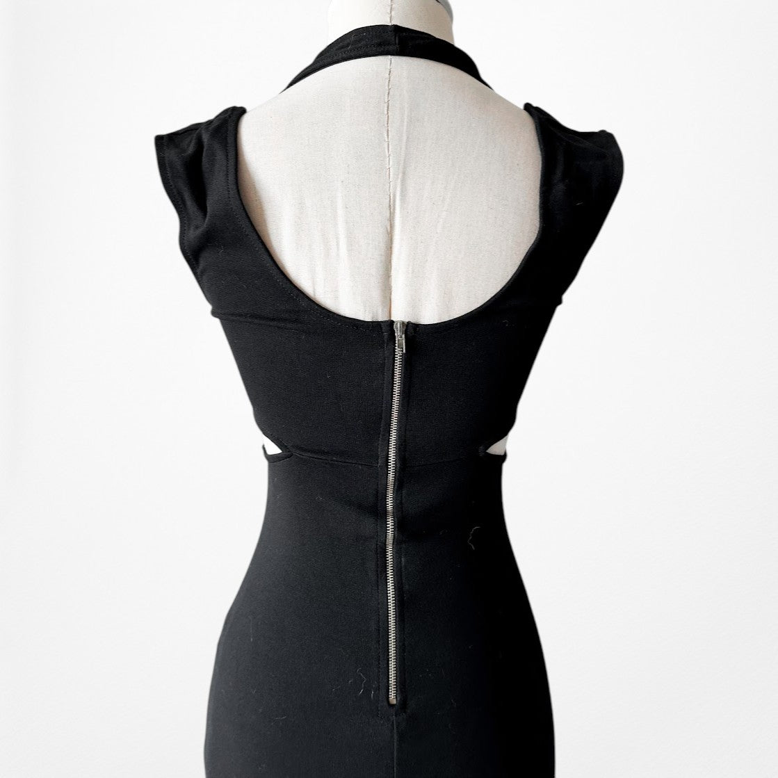 Vintage Y2K Black Knit Cutout Bodycon Knee Length Cocktail Dress Size XS/S