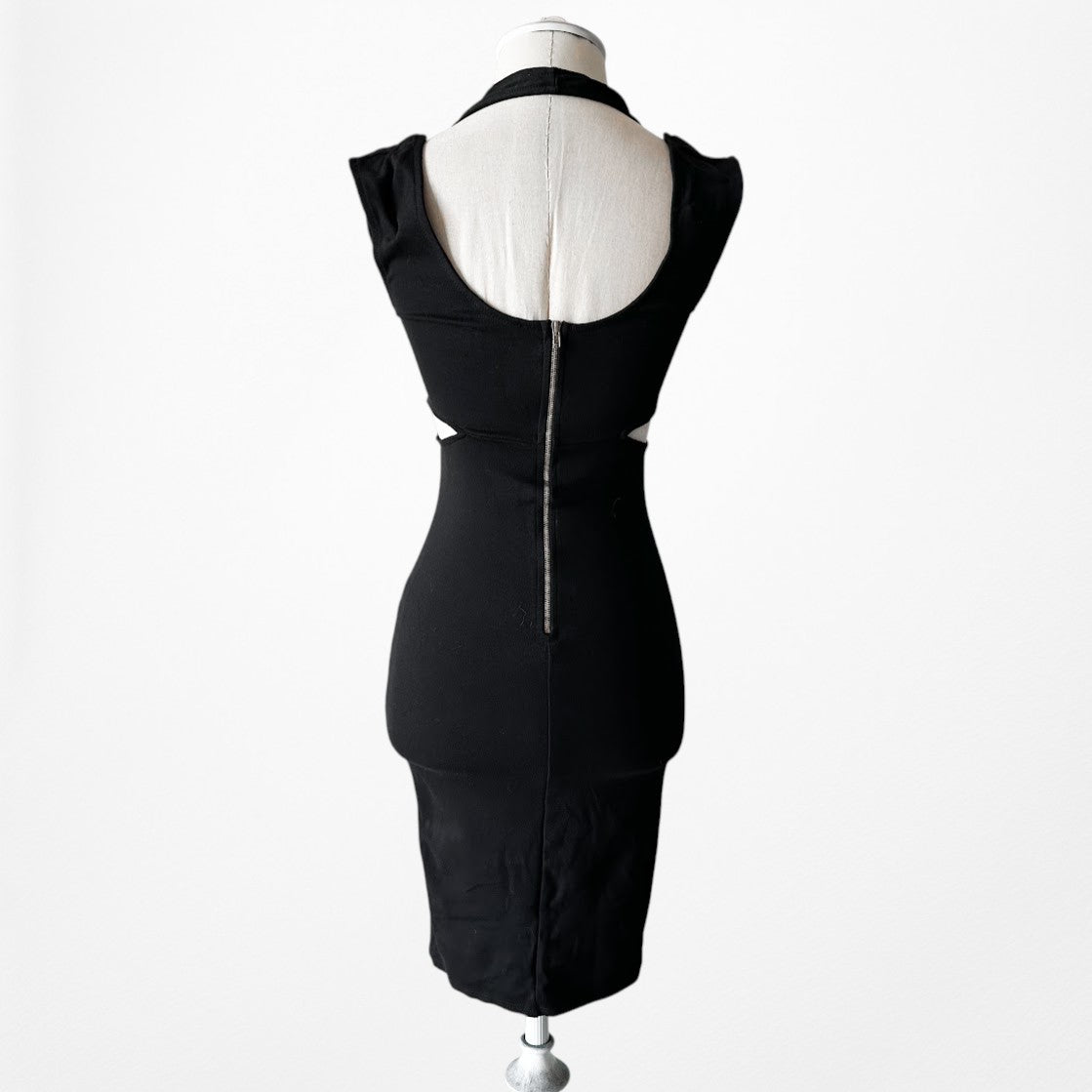 Vintage Y2K Black Knit Cutout Bodycon Knee Length Cocktail Dress Size XS/S
