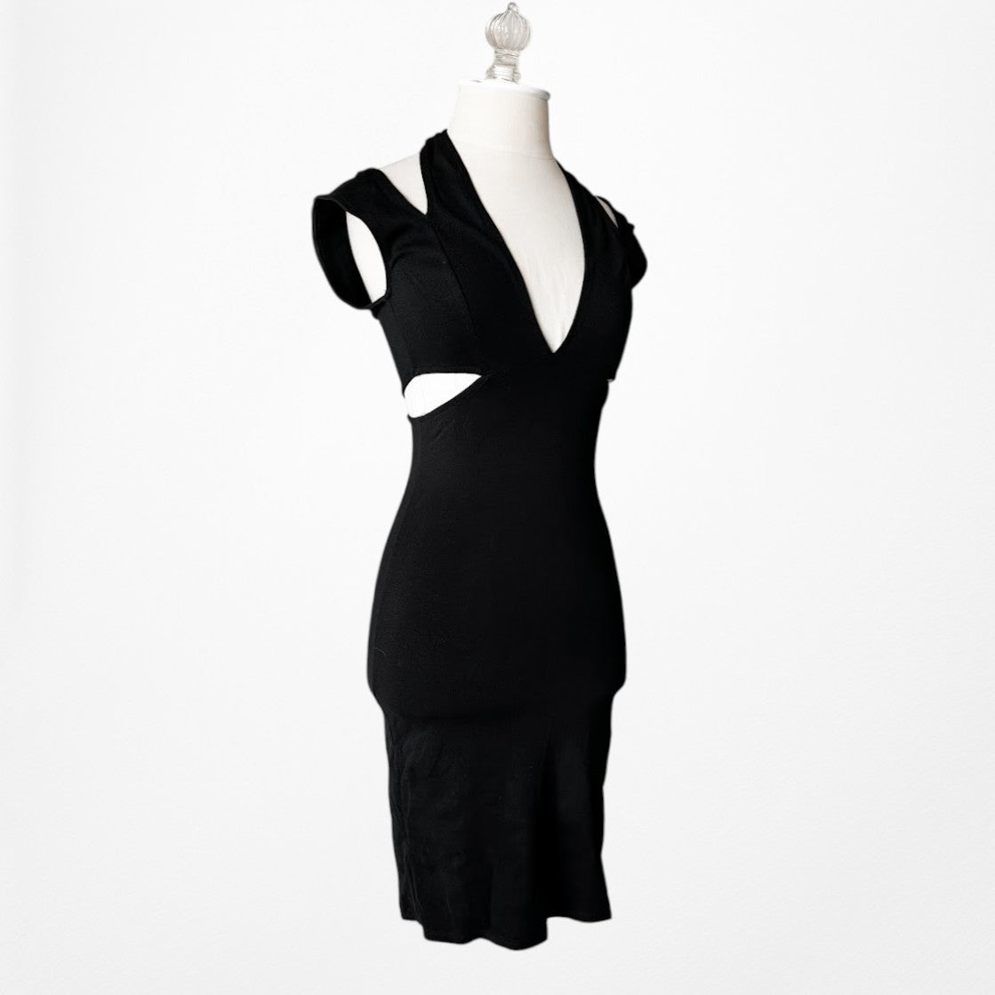 Vintage Y2K Black Knit Cutout Bodycon Knee Length Cocktail Dress Size XS/S