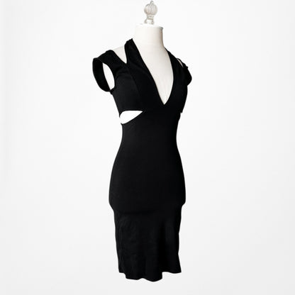 Vintage Y2K Black Knit Cutout Bodycon Knee Length Cocktail Dress Size XS/S